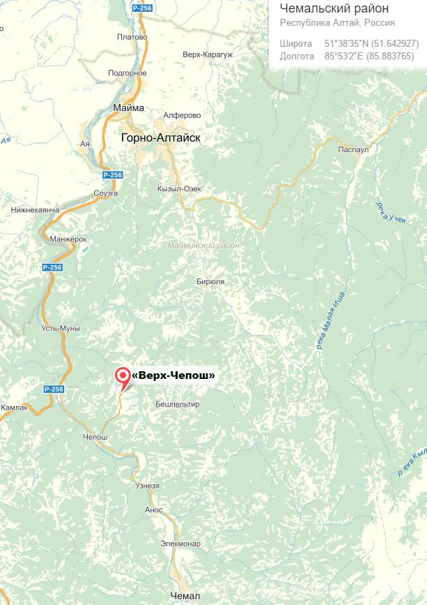 Турбаза Верх-Чепош на карте Горного Алтая