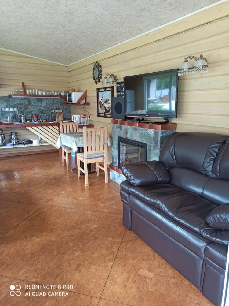 Зал с камином и кухней на Алтае