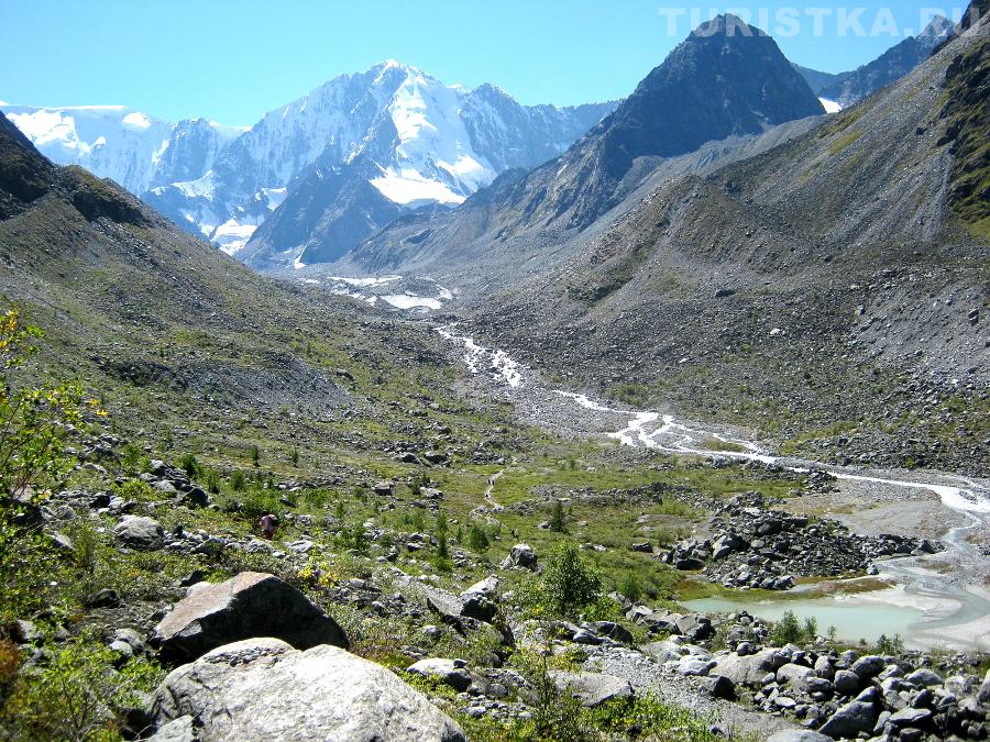Аккемский ледник под Аккемской стеной и река Ак-Кем