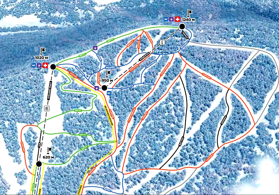 Трассы с верхних станций канатных дорог Чуйский тракт и Альбаган