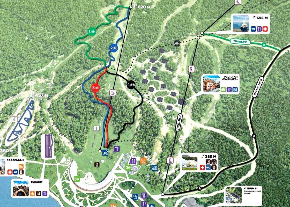 Схема трасс байк-парка: зеленая, синяя, красная, черная