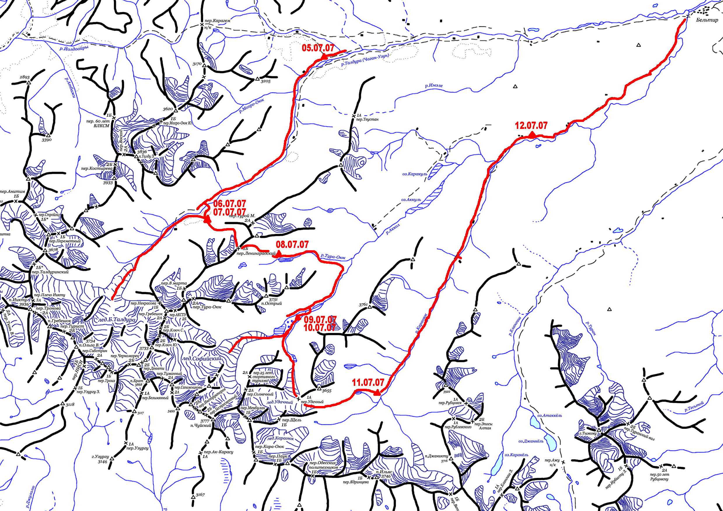 Карта маршрута. Хребтовка Южно-Чуйского
