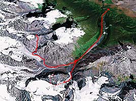 Горный Алтай : Актру : Карта маршрута. Вид из космоса.