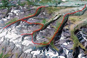 Горный Алтай : Ледники и озера Южно-Чуйского хребта (лето 2007) : Карта маршрута. Вид из космоса