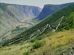 Горный Алтай : Кату-Ярык : Серпантин перевала на фоне ущелья